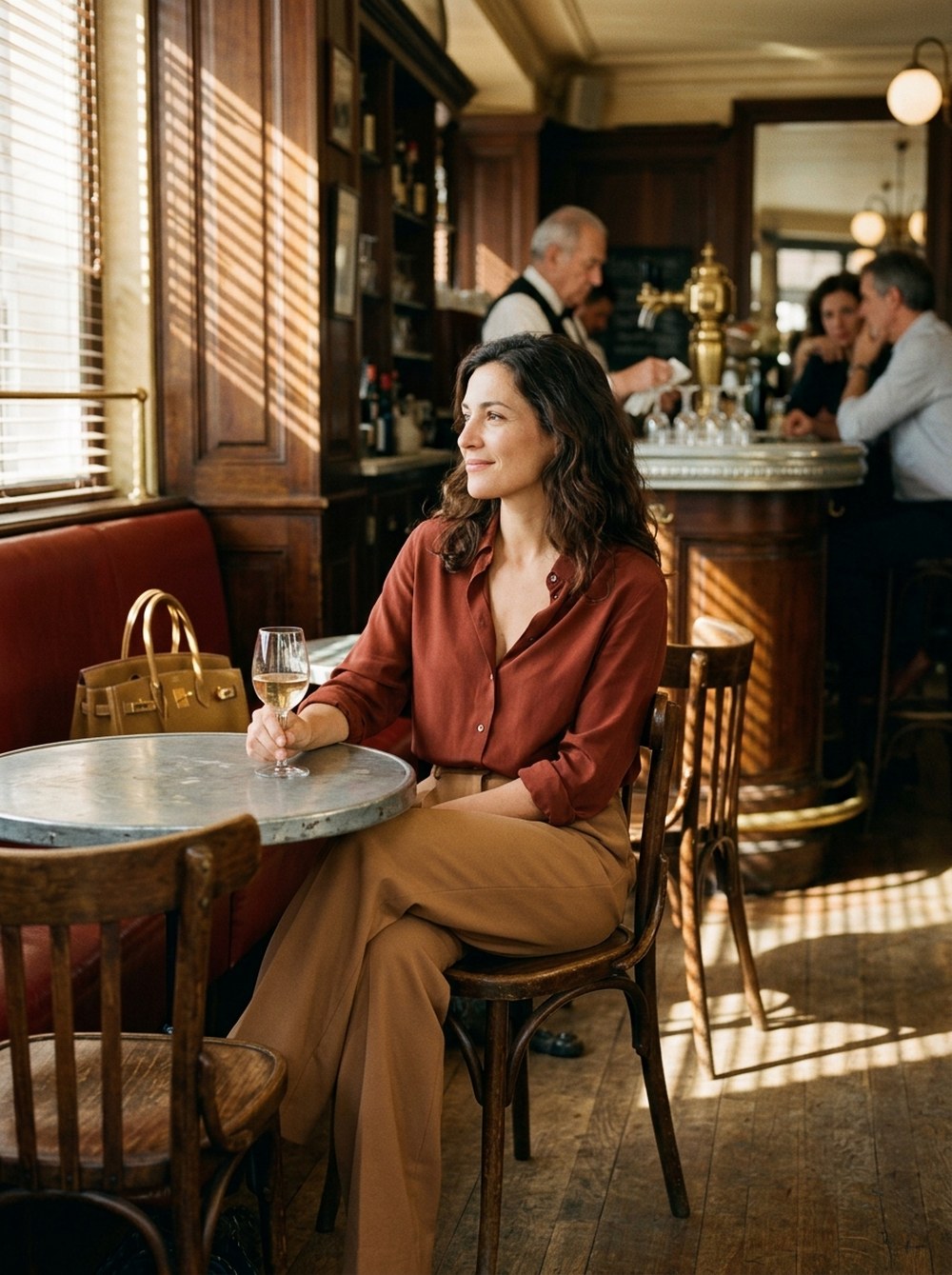 Frau an einem Bistrotisch in einer Pariser Brasserie